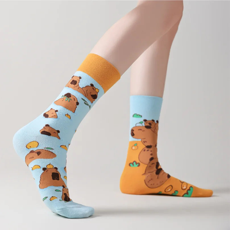 Cotton Blend Capybara Animal Print Mid Calf Crew Socks - 3