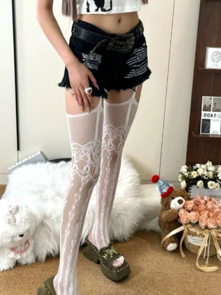 Nylon Elastane Heart Patterned Fishnet Thigh High Stockings