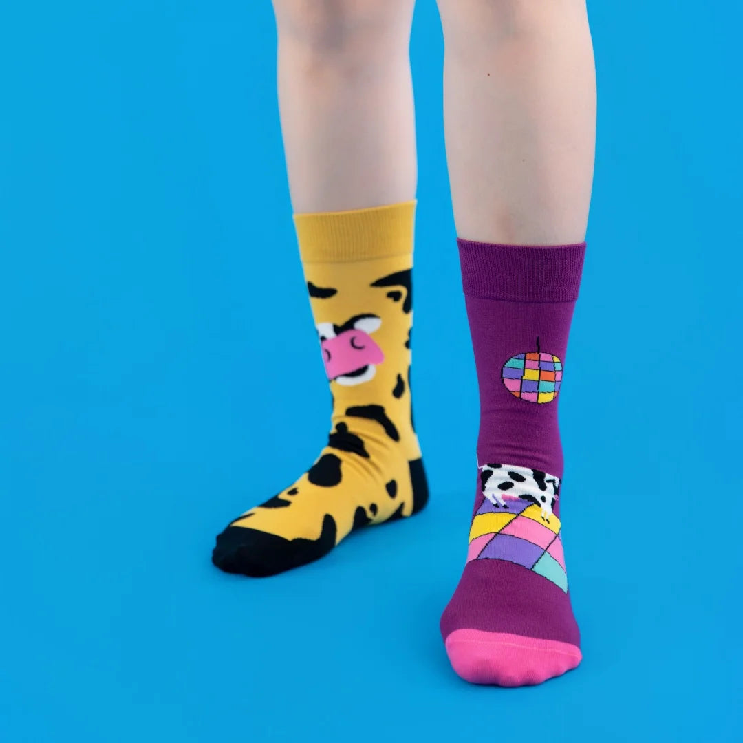 Cotton Blend Disco Cow Pattern Crew Socks - 2