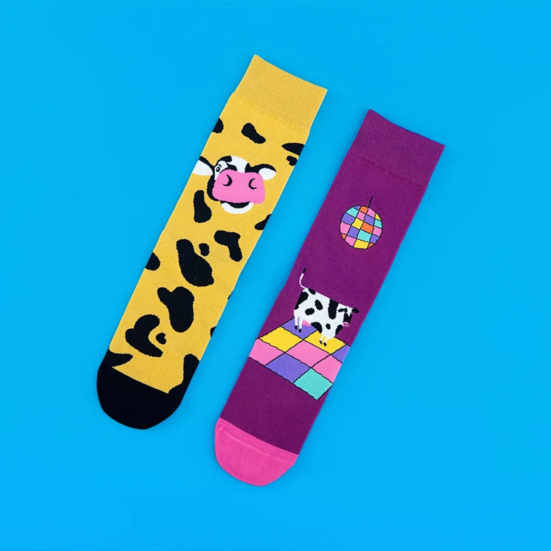 Cotton Blend Cartoon Cow Print Crew Socks