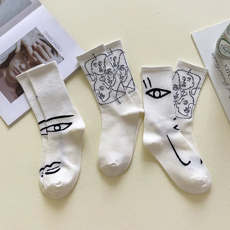 Cotton Blend Abstract Line Art Casual Crew Socks