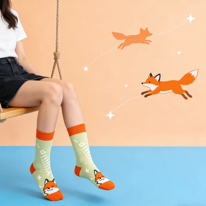 Cotton Blend Cartoon Fox Pattern Mid Tube Unisex Socks