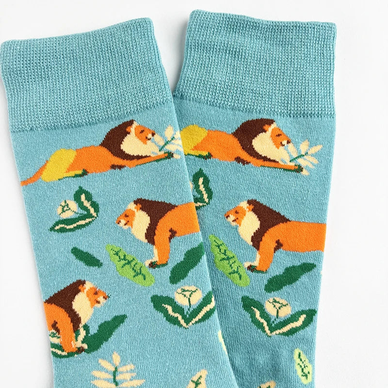 Cotton Blend Lion Print Mid Calf Casual Socks - 4