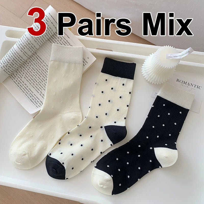 Polyester Elastane Polka Dot Mid Tube Casual Socks 3 Pairs