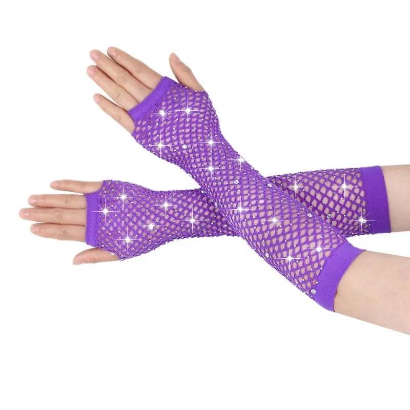 Nylon Elastane Rhinestone Fishnet Fingerless Gloves