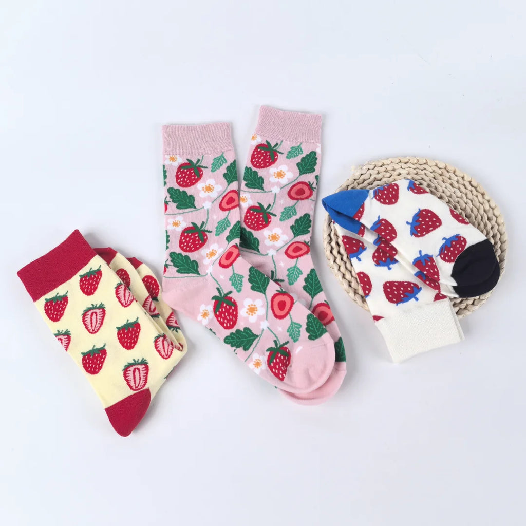 Cotton Blend Strawberry Print Mid Calf Socks
