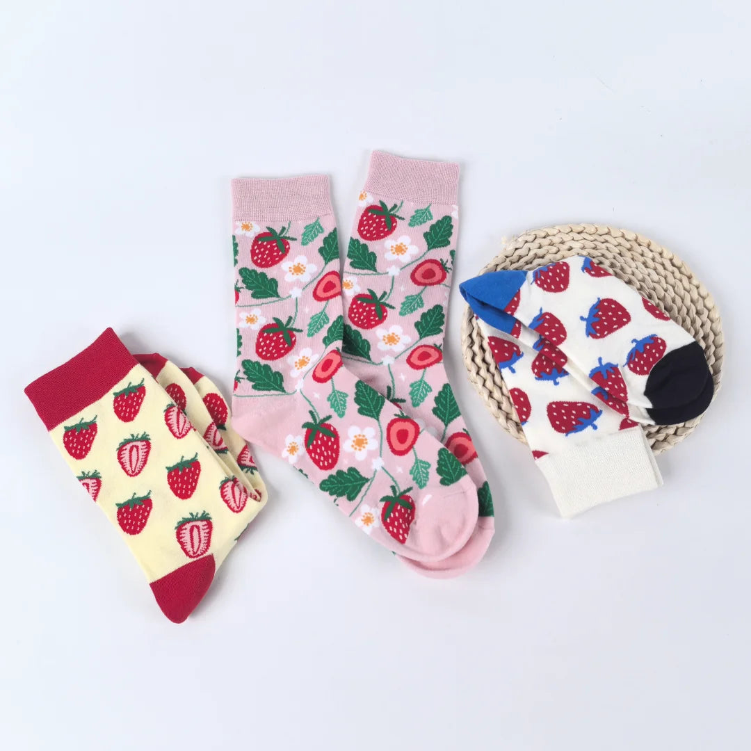 Cotton Blend Strawberry Print Mid Calf Socks