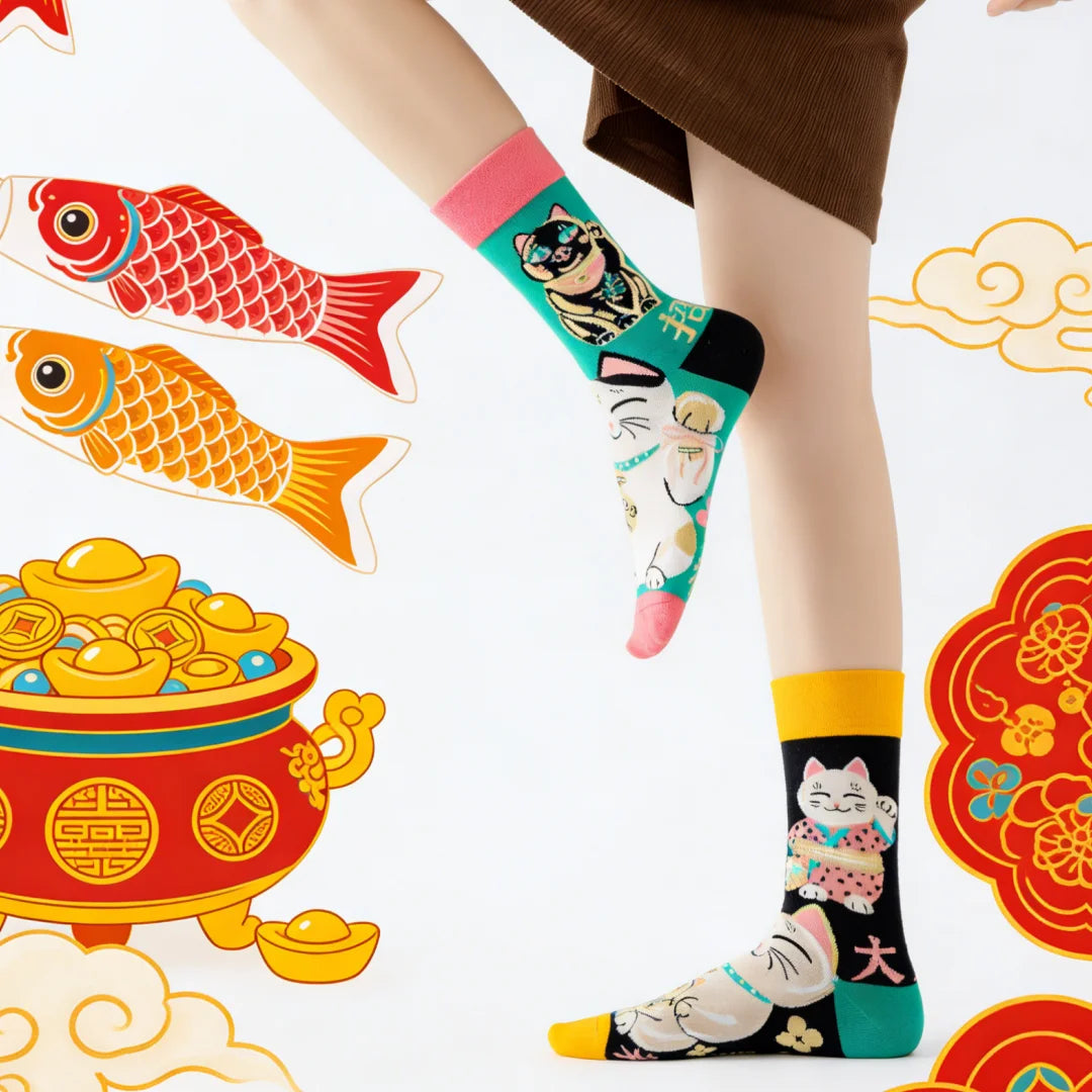 Lucky Cat Cotton Blend Casual Crew Socks