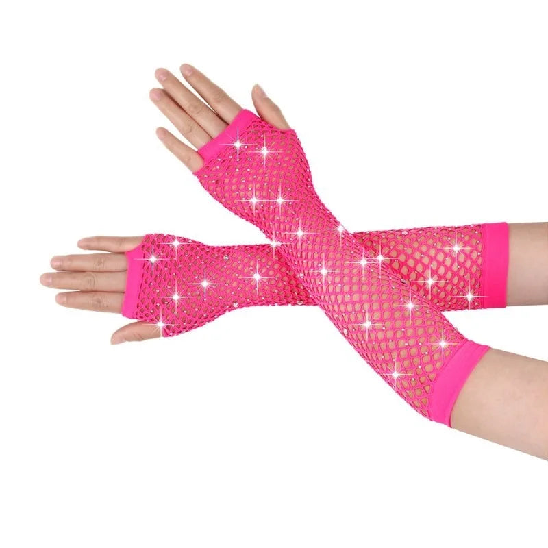 Nylon Elastane Rhinestone Fishnet Fingerless Gloves - 8