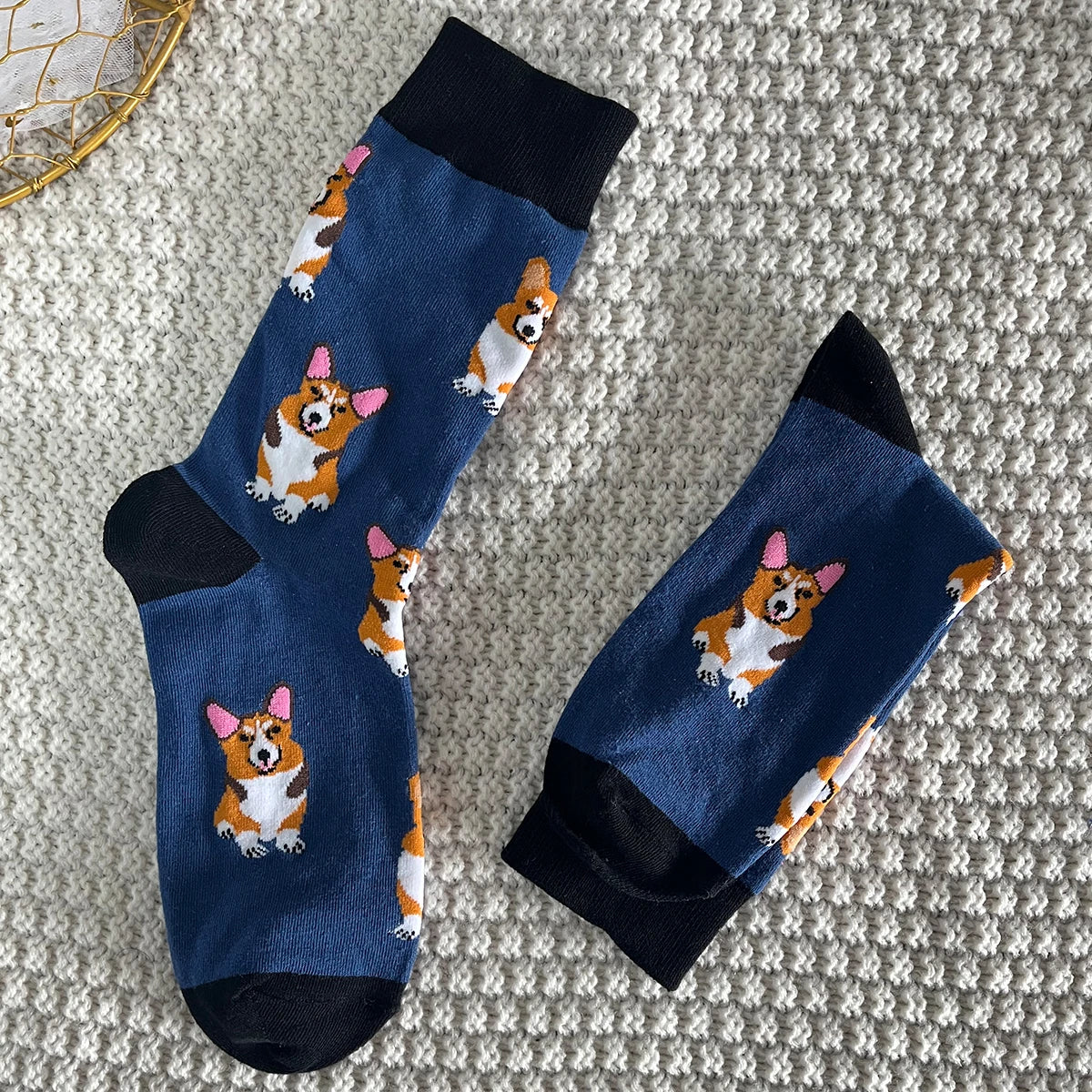 Cotton Blend Corgi Pattern Crew Socks - 3