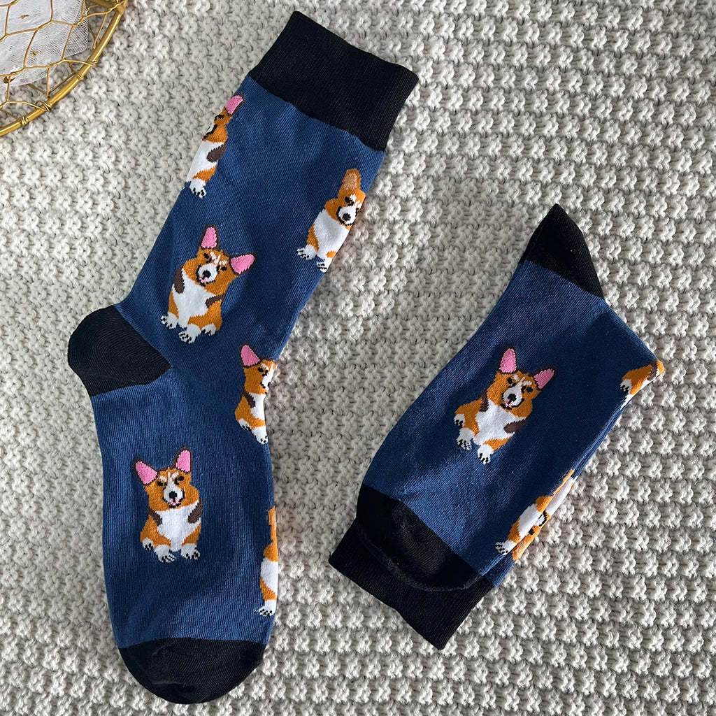 Cotton Blend Corgi Pattern Crew Socks