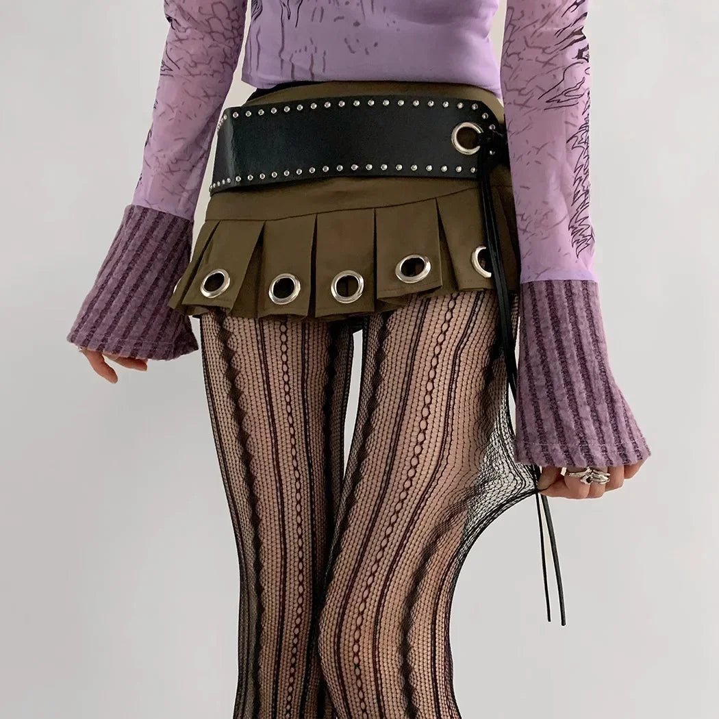 Red Nylon Striped Fishnet Tights for Women