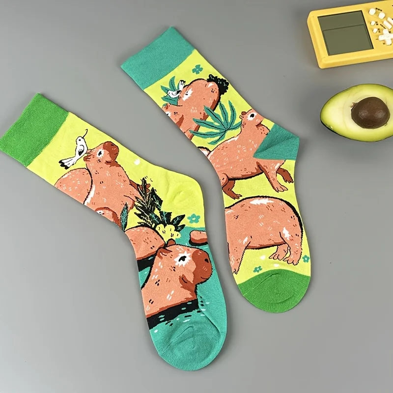 Cotton Blend Capybara Print Casual Mid Calf Socks - 2