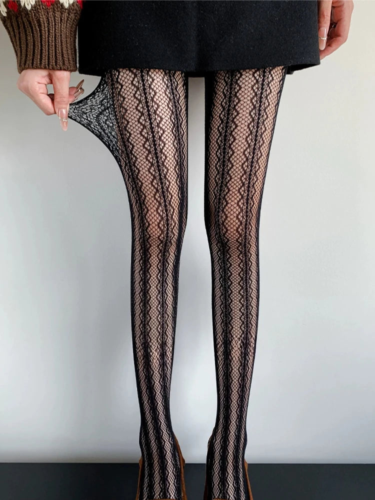 Nylon Elastane Jacquard Mesh Vertical Striped Tights
