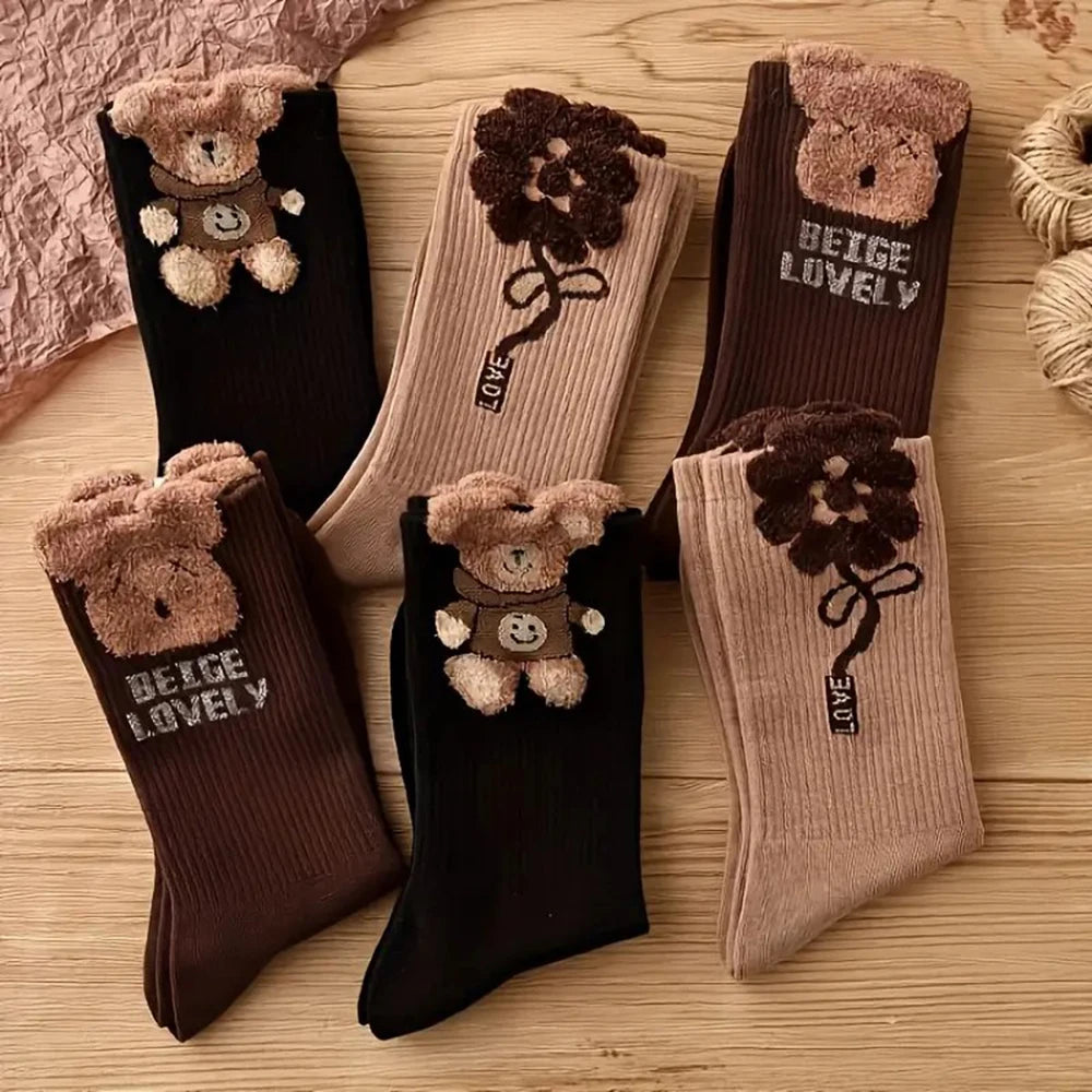 Polyester Elastane Cartoon Bear Pattern Mid Tube Socks 3 Pairs