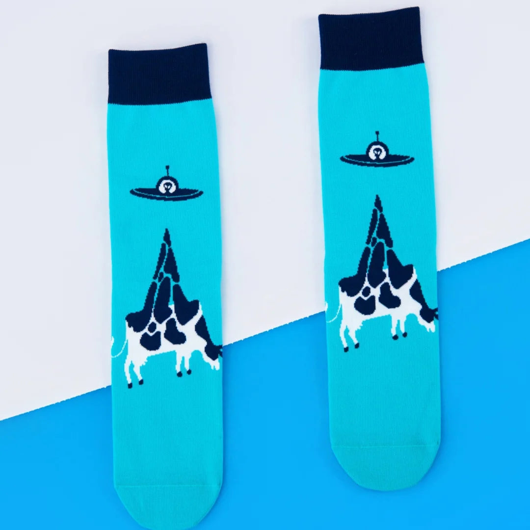 Cotton Blend Alien and Cow Pattern Mid Calf Socks