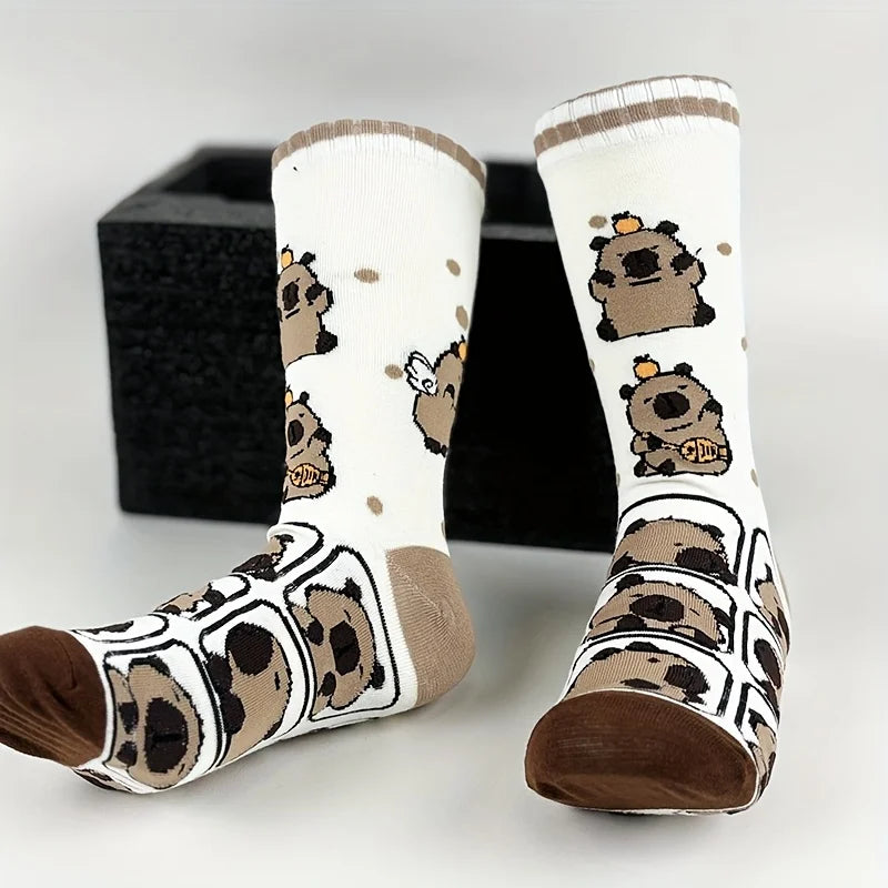 Cotton Blend Capybara Print Mid Calf Socks