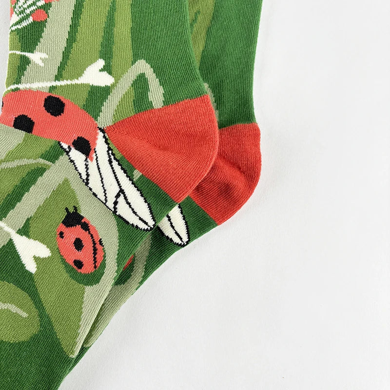 Cotton Blend Insect Pattern Crew Socks