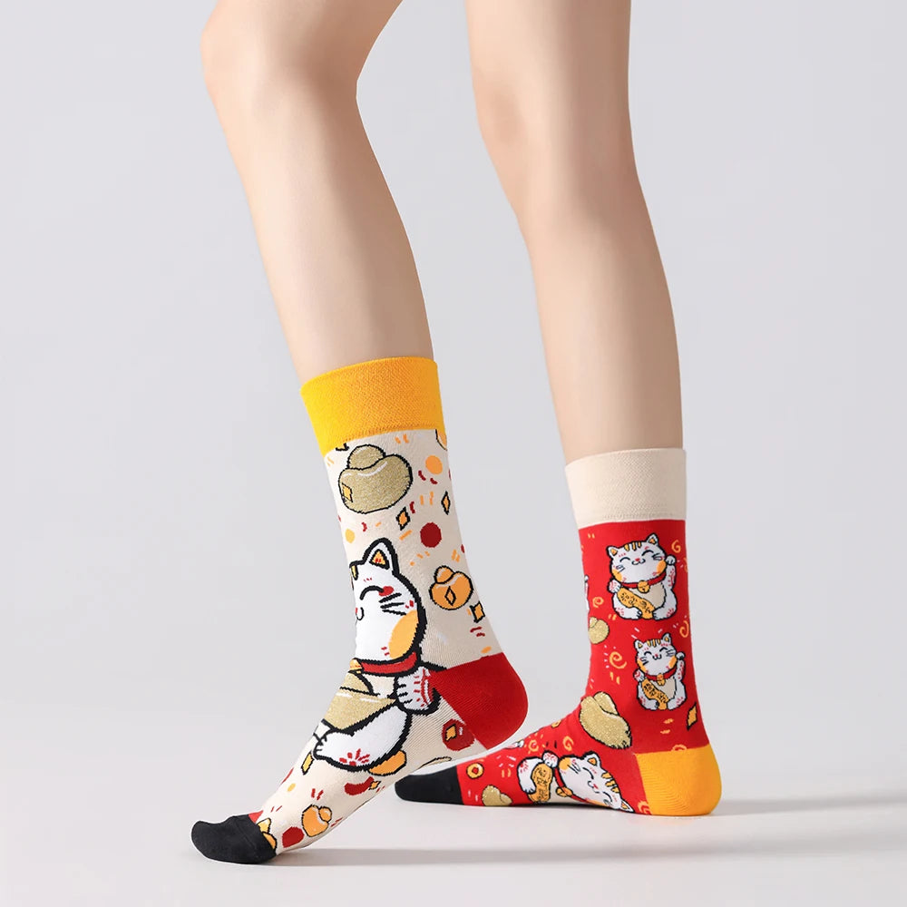 Cotton Blend Mid Calf Lucky Cat Cartoon Socks - 2