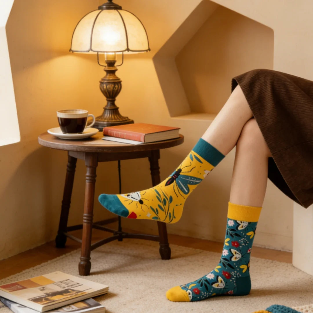 Cotton Blend Floral Butterfly Pattern Asymmetrical Socks