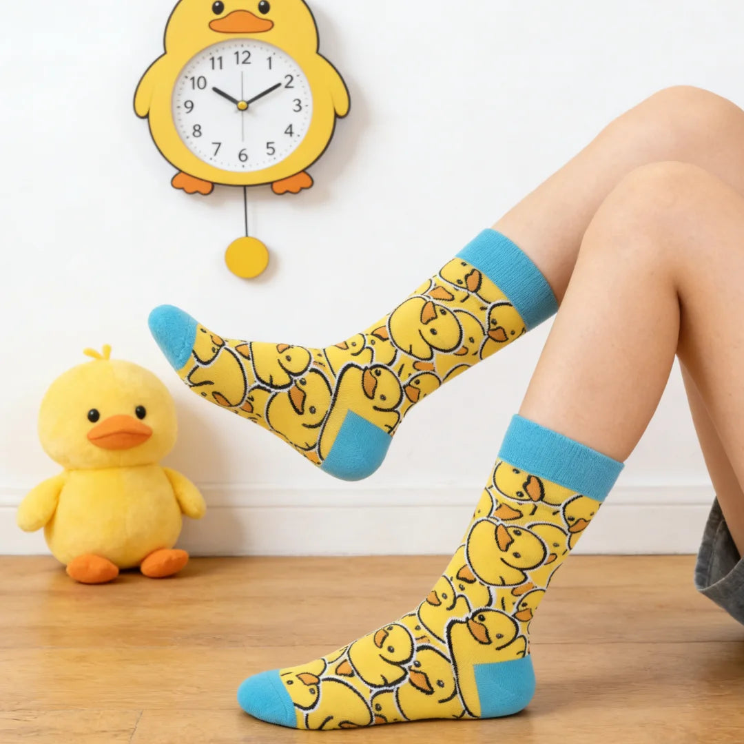 Polyester Elastane Yellow Duck Pattern Mid Calf Socks