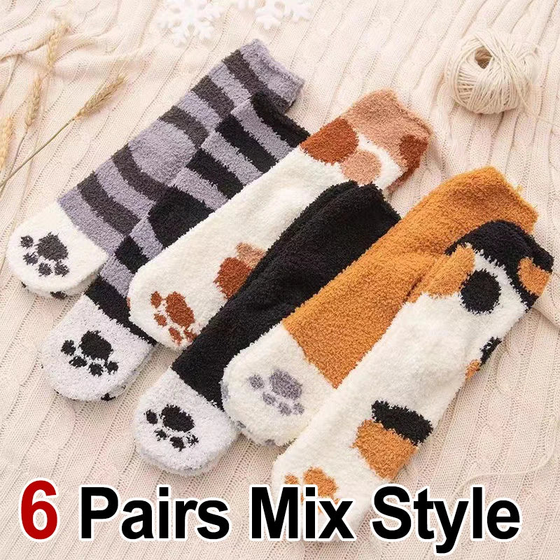Polyester Elastane Cat Paw Pattern Mid Tube Thick Winter Socks - 13