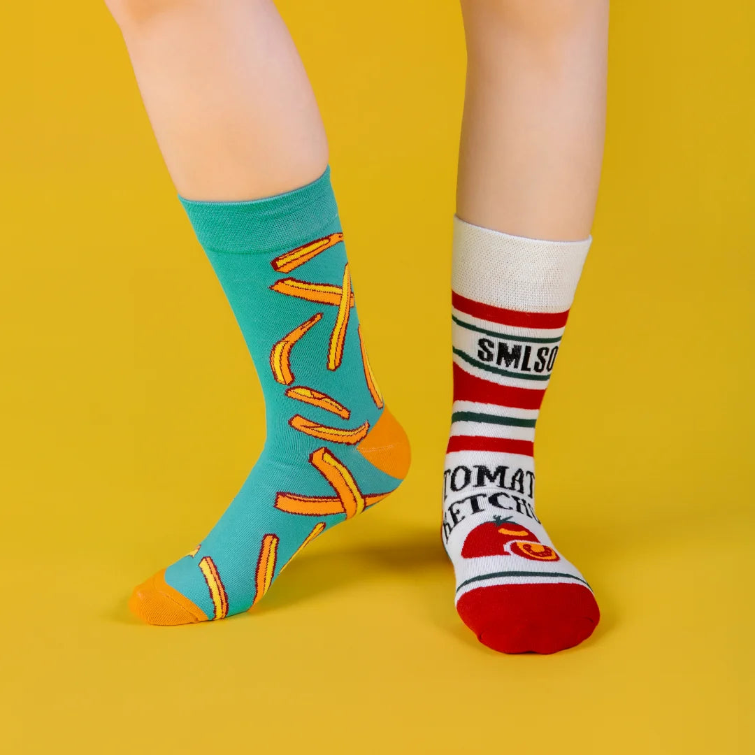 Cotton Blend Asymmetric Tomato and Fries Pattern Mid Calf Socks