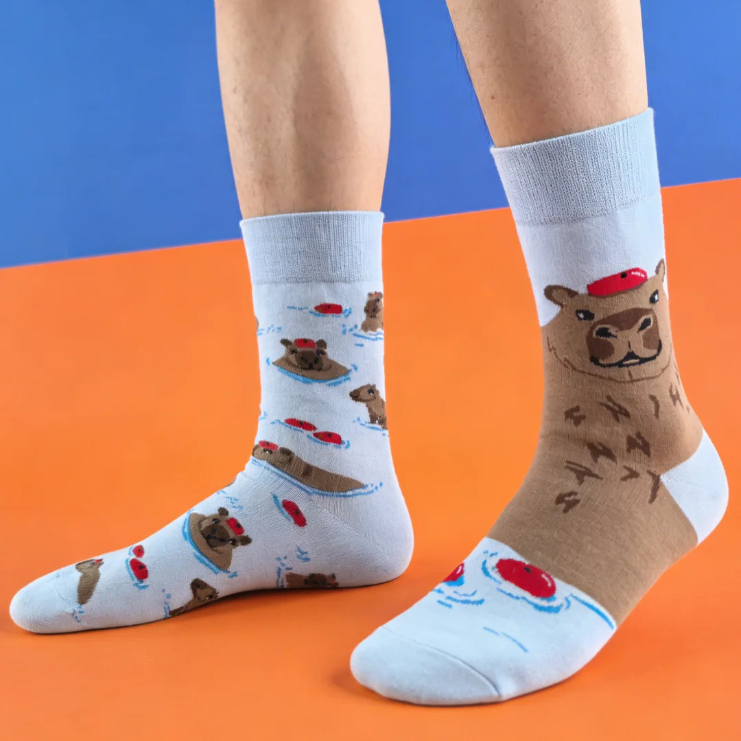 Cotton Blend Capybara Pattern Mid Calf Socks