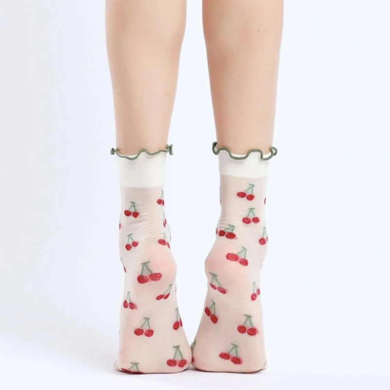 Nylon Spandex Fruit Print Lettuce Edge Mid Tube Socks - 9
