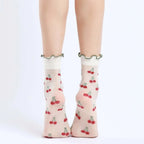 Nylon Spandex Fruit Print Lettuce Edge Mid Tube Socks