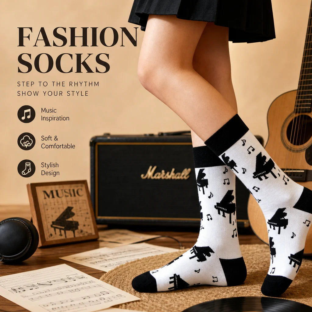 Cotton Blend Mid Calf Piano Pattern Unisex Socks - 1