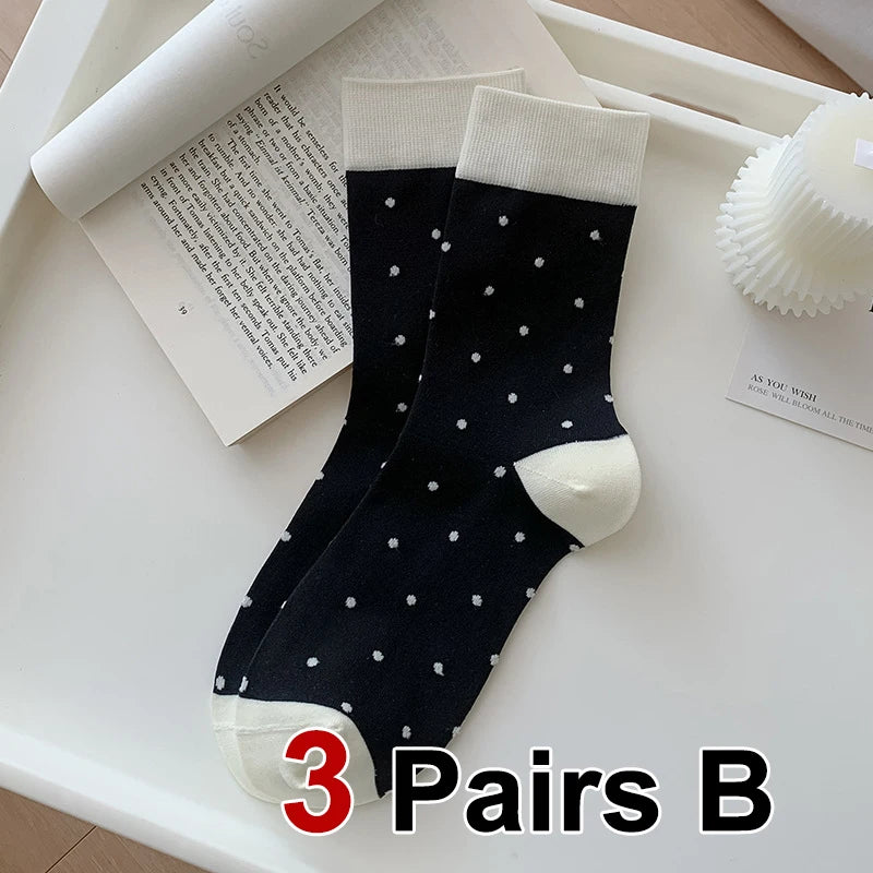 Polyester Elastane Polka Dot Mid Tube Casual Socks 3 Pairs