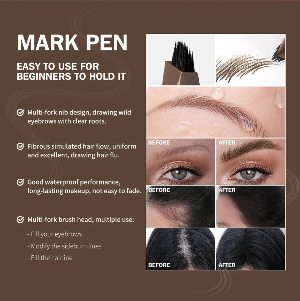 Liquid Eyebrow Pencil Multi Prong Brush Waterproof Makeup Pen