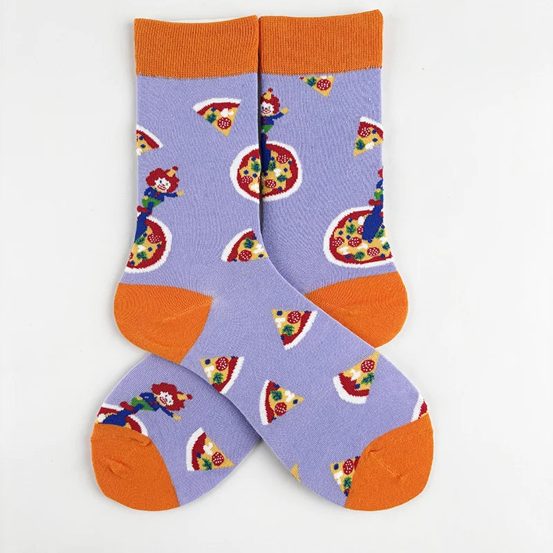 Cotton Blend Clown and Pizza Print Casual Mid Calf Socks - 6