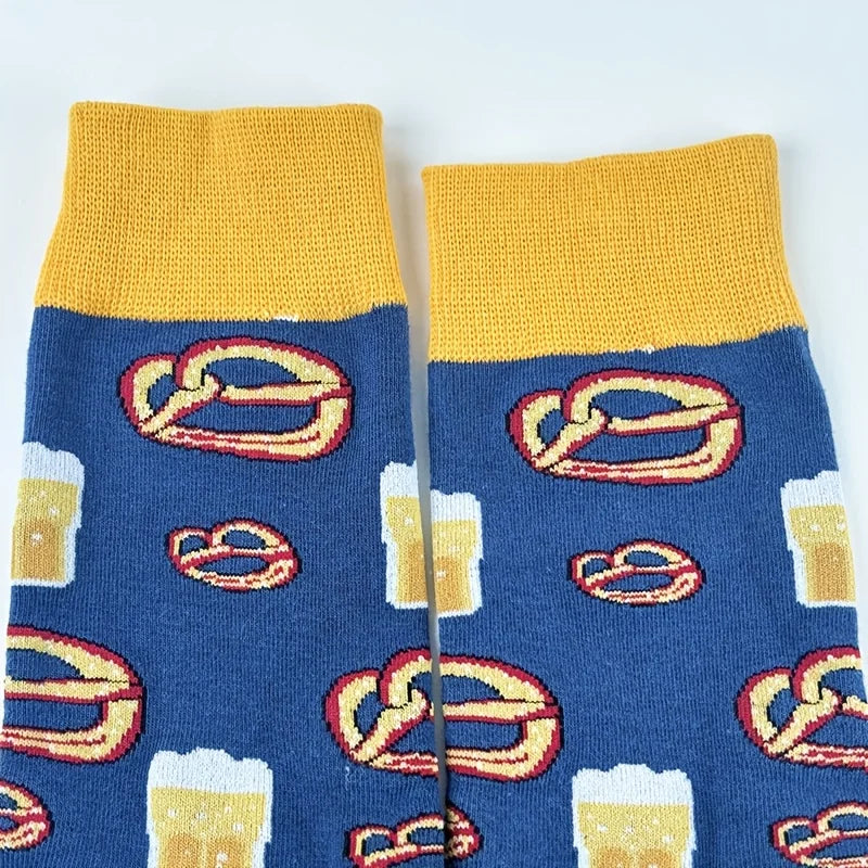Cotton Blend Beer and Pretzel Print Crew Socks