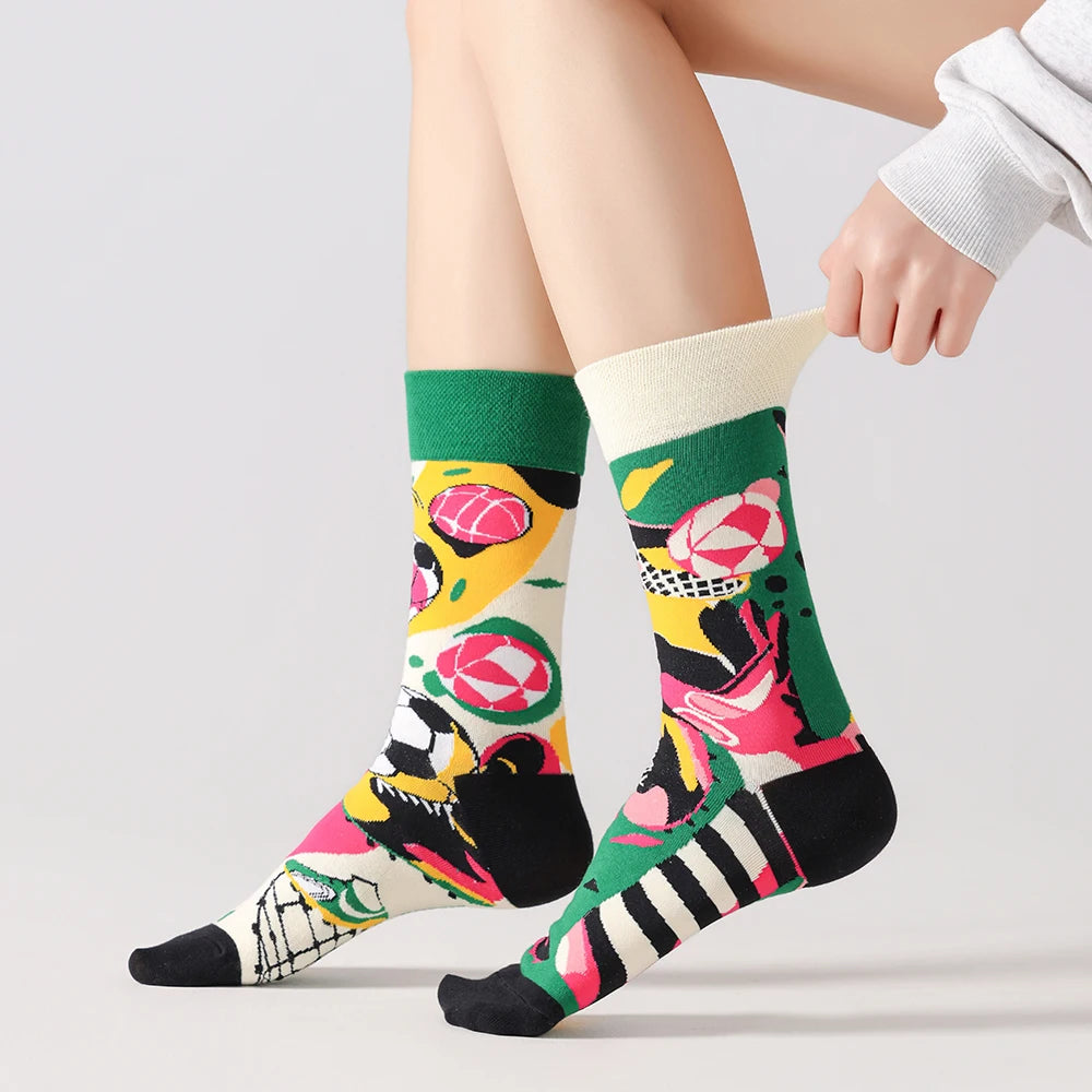 Cotton Blend Ball Themed Graffiti Mid Calf Unisex Socks - 3