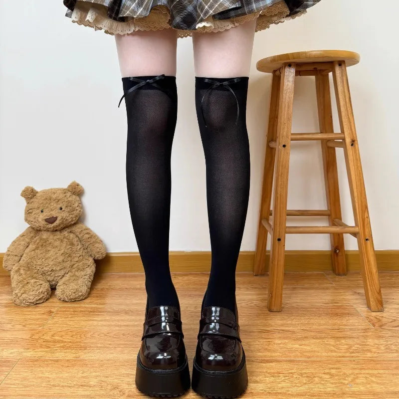 Nylon Polyester Ribbon Bow Thigh High Stockings