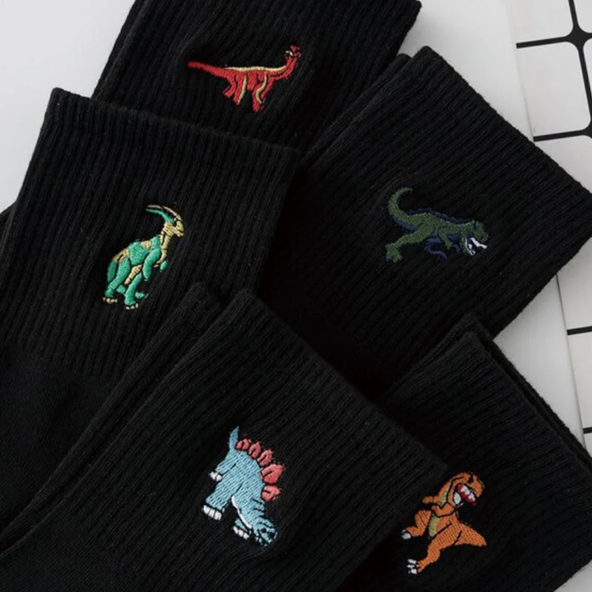Polyester Elastane Crew Socks Dinosaur Pattern - 3