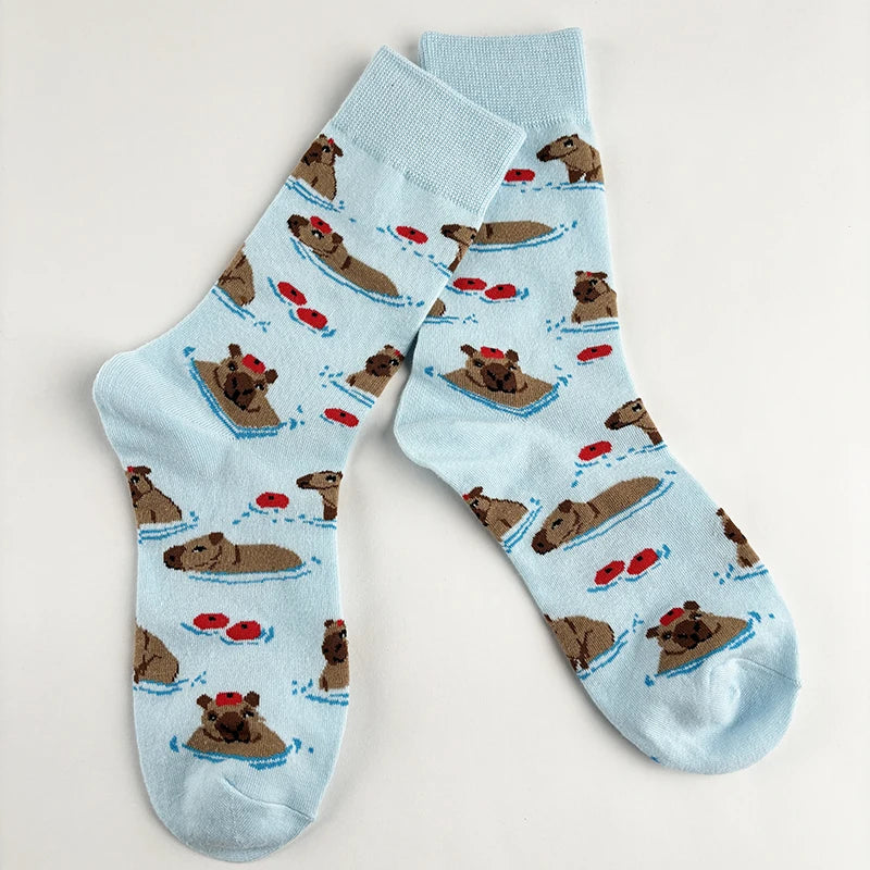 Cotton Blend Capybara Pattern Mid Calf Socks