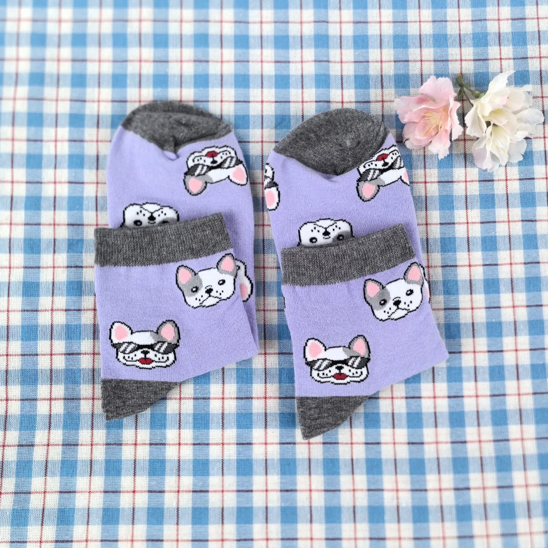 Cotton Blend French Bulldog Print Casual Low Tube Socks - 4