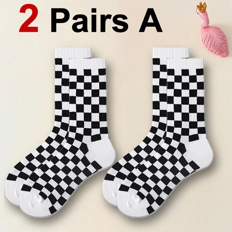 Polyester Blend Checkerboard Pattern Socks 2 Pair Set
