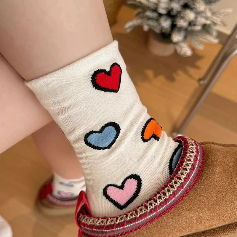 Polyester Elastane Heart Pattern Women Casual Crew Socks 5 Pairs - 11