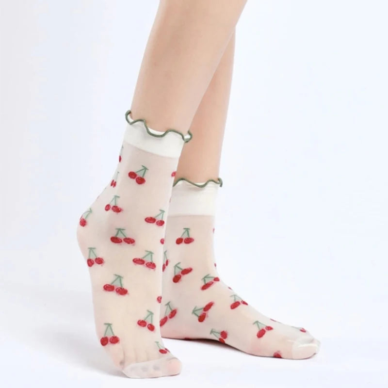 Nylon Spandex Fruit Print Lettuce Edge Mid Tube Socks - 10