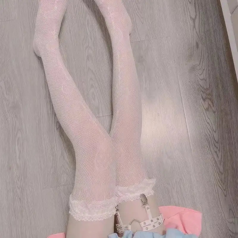 Heart Pattern Fishnet Over The Knee Stockings