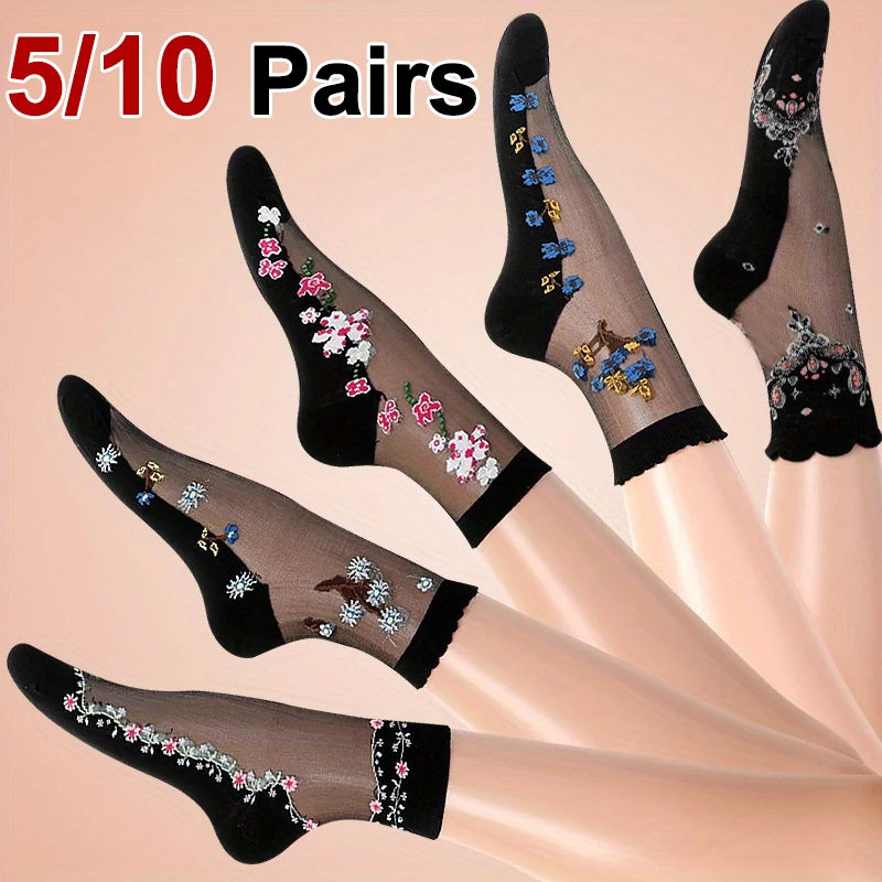 Floral Print Mid Tube Polyester Blend Socks