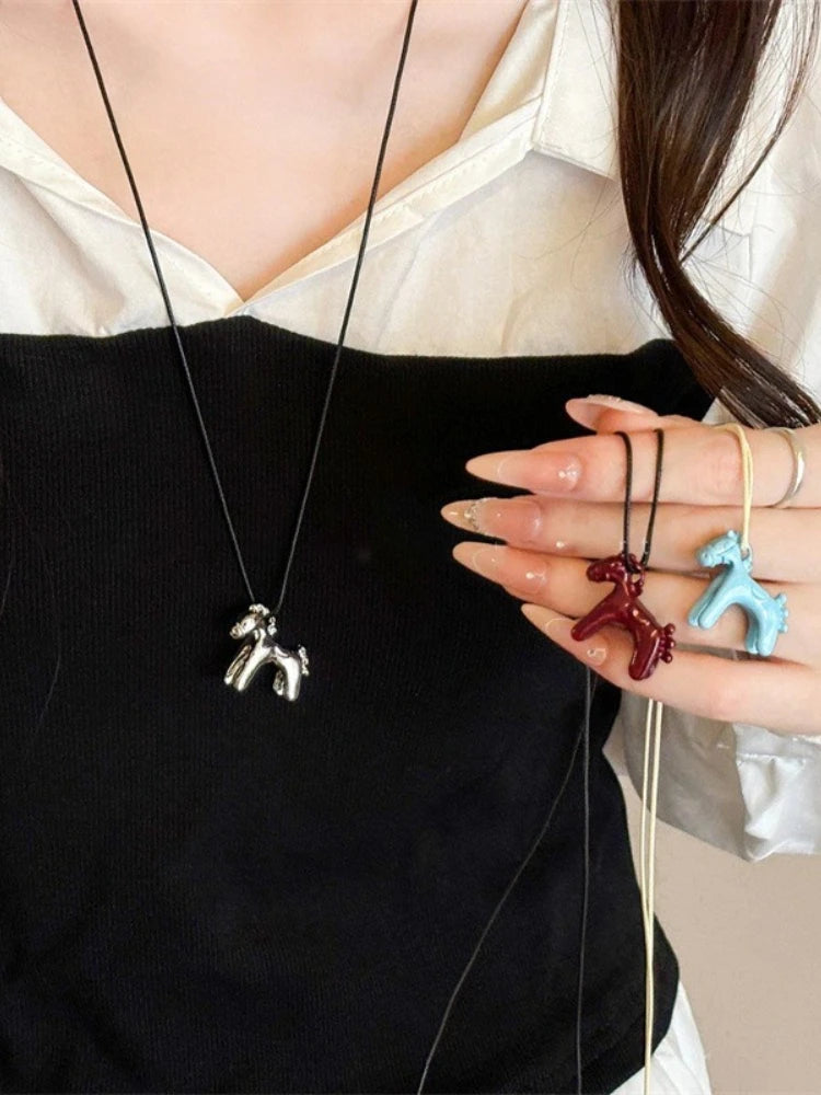 Enamel Horse Pendant Rope Necklace - 3