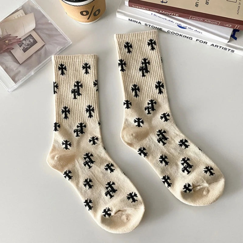 Cotton Cross Pattern Unisex Mid Tube Casual Socks