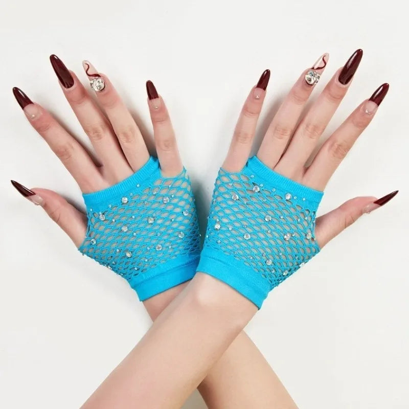 Nylon Elastane Rhinestone Fishnet Fingerless Gloves - 11