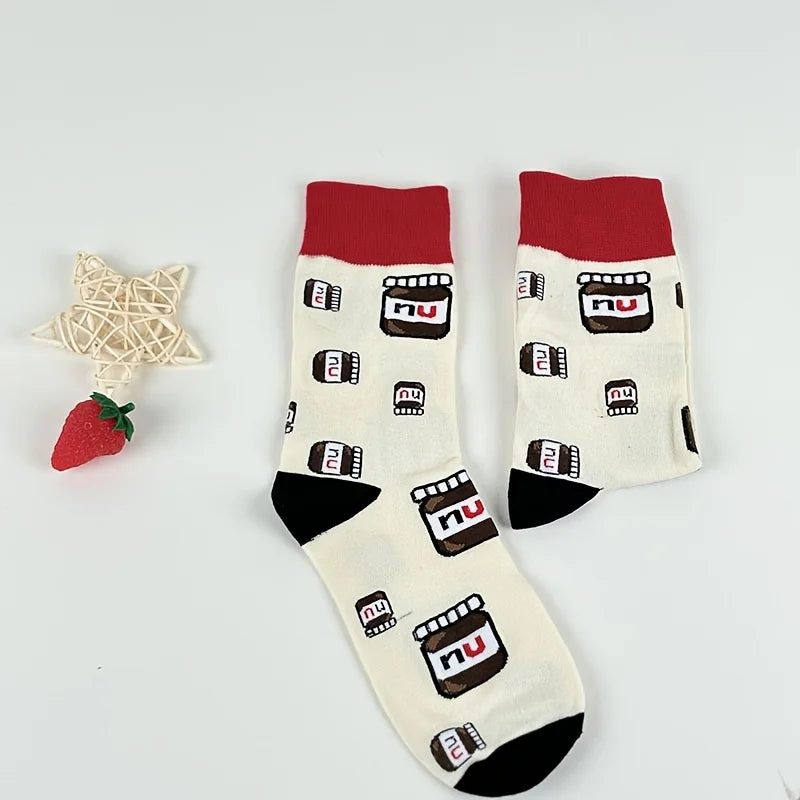 Cotton Blend Nutella Jar Pattern Mid Calf Socks