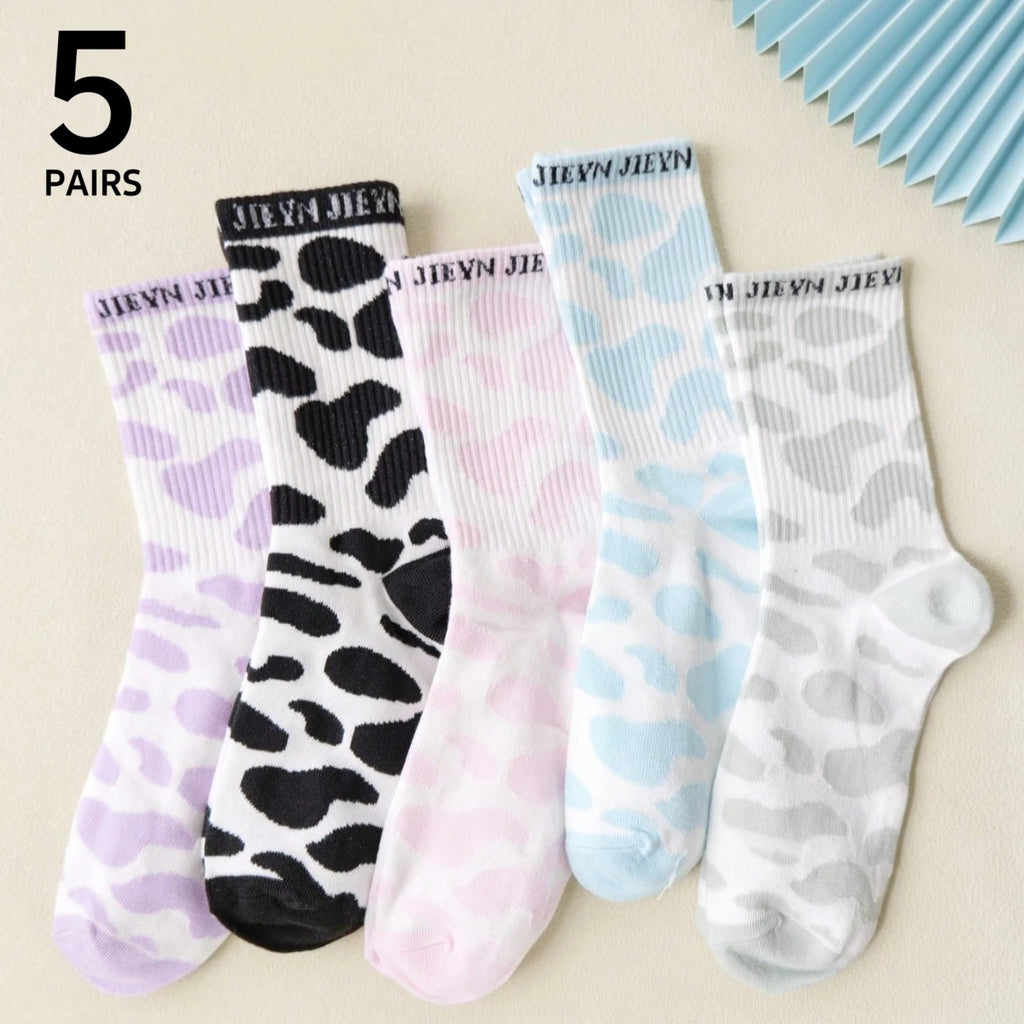 Polyester Elastane Cow Print Crew Socks